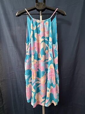 En Crème Floral Halter Midi Dress Teal Pink Tassel Tie Size Large NWT